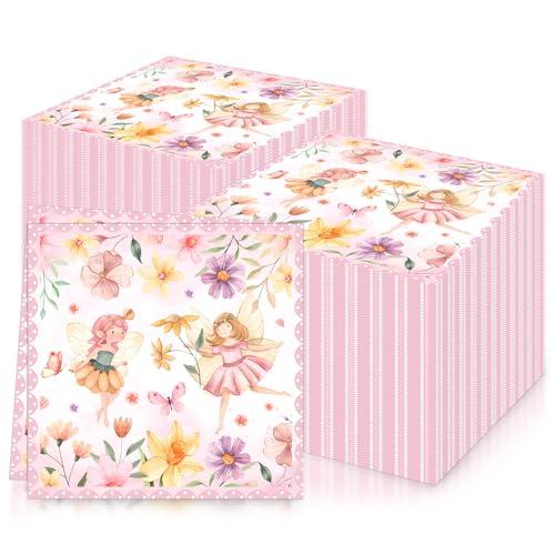 Lot de 20 serviettes de table en papier doux pour fête d'anniversaire de fille - Motif fée fleurie - Rose