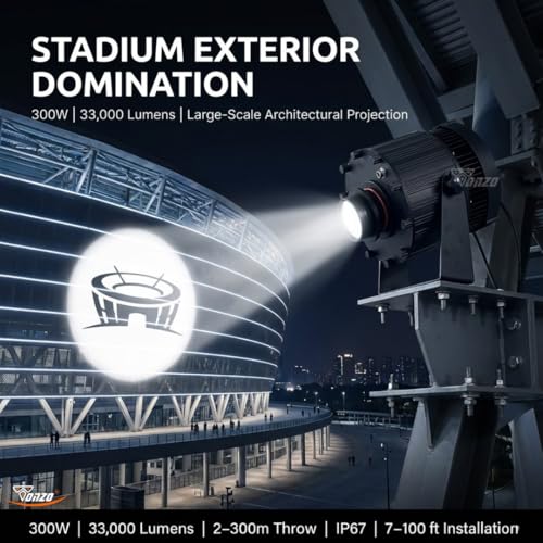 Image of TONZO 300W LED Logo Projector Light, 33000 Lumens, 7-100ft Range, 1 Custom Lens, IP67 Waterproof Outdoor GOBO Projector with Remote, Static & Rotating Signage Light for Shop Event Business Storefront