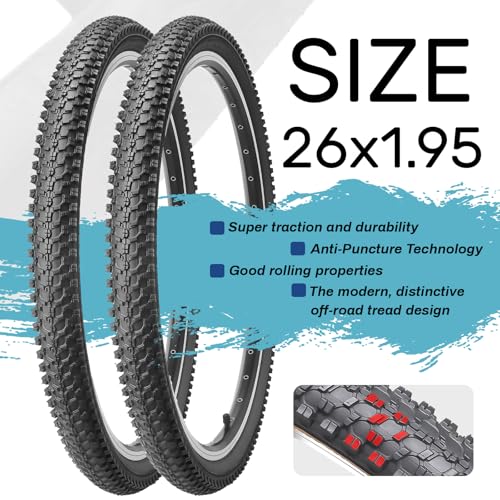 Hycline RNRY-26195BLK-NT 26-Inch Mountain Bike Tires Set: Hycline 2-Pack 26X1.95 Inch (54-559Mm) Folding Replacement Puncture-Resistant Bicycle Tires And Pair 26-Inch Inner Tubes thumb #2