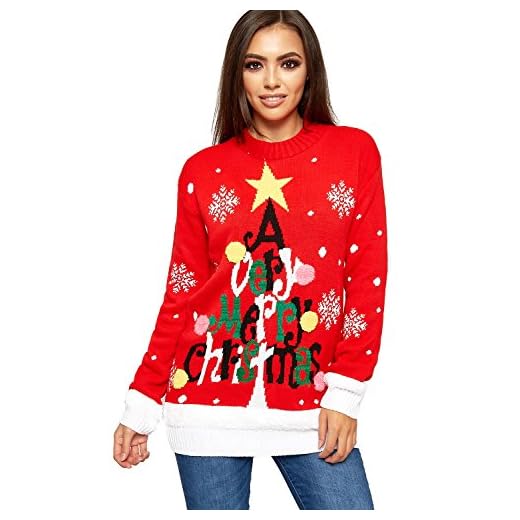WearAll - Femmes Tricoté Joyeux Noël Longue Manche Noël Arbre Dames Pom Cavalier - Rouge - 40-42