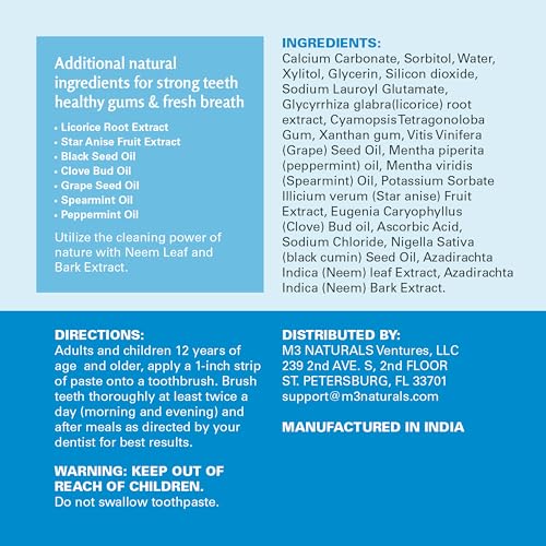 Fluoride-Free Neem Toothpaste with Mint for Adults & Kids with Sensitivity | Vegan, Gluten & SLS Free Herbal Formula for Sensitive Teeth, Healthy Gums and Fresh Breath, 4.23 oz (120g) Pack of 3 by M3