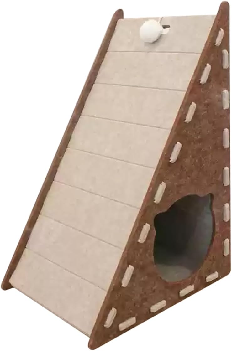 Triangular Cat Scratching Board Bed, Removable House for Indoor Cats, Kennel Scratching Post House, Cat Caves with Fluffy Ball Hanging, Scratch Resistant Felt Kitten Hideaway Bed (Beige)