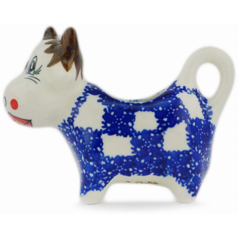 Authentic Polish Pottery Cow Shaped Creamer in Floral Checkerboard Design Handmade in Boles?awiec Poland by Ceramika Dalia + Certificate of Authenticity