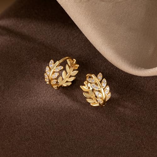 SLUYNZ Sterling Silver CZ Leaf Hoop Earrings for Women Teens Dainty Olive Leaf Hoop Earrings Huggie3