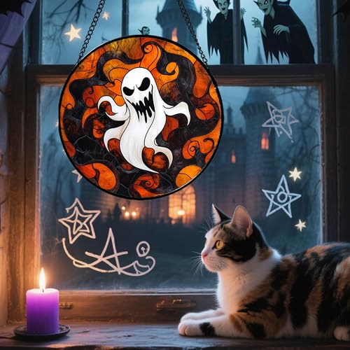 Image of Stained Glass Window Hanging - Halloween White Ghost Suncatcher for Doors Window Garden Indoor Spooky Funny Orange Sun Catchers Gothic Decor Horror Gifts for Women Men Friend 15 in