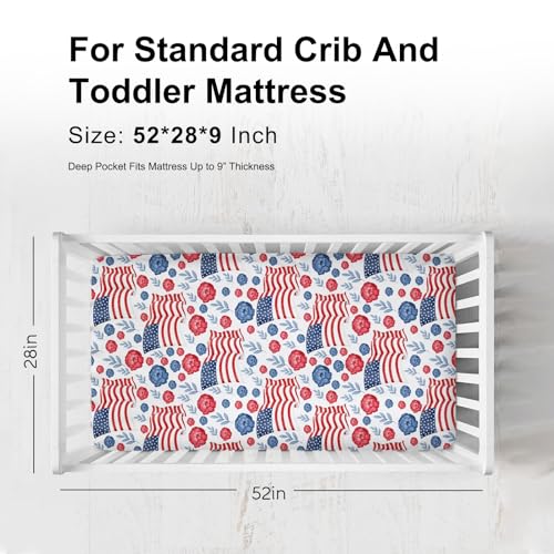 Image of American Flag Blue Red Floral Baby Crib Sheets for Boys Girls 52 inchx28 inch Patriotic 4th of July Independence Day Soft Breathable Toddler Nursery Bed Sheet for Standard Crib and Toddler Mattresses White