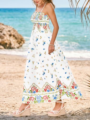 Image of CUPSHE Women's Floral Maxi Dress Spaghetti Strap Summer Boho Beach Dress Smocked Sundress Casual Vacation Flowy Long Dress