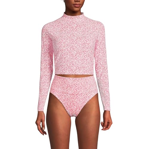Lands' End Women's Long Sleeve Mock Neck Cropped UPF 50 Sun Protection Rash Guard Medium Coral Rose/White Ditsy Lilies