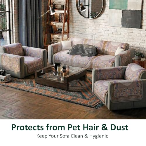 Image of Kuber Industries 5 Seater Sofa with Arm Cover | Slipcover for Living Room | Thick & Cozy | Non-Slip Comfort Sofa Cover Set | Rajasthani Border Malibu 1351 - Brown