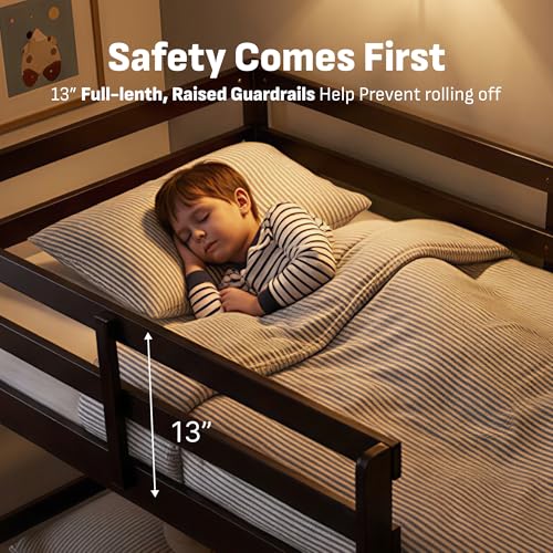Image of Softa Twin Over Twin Bunk Bed for Kids, Solid Wood Bunk Bed Frame with 13 inch High Guardrails and Ladder, 400 lbs Capacity Total, 11.9 inch Under-Bed Storage, No Box Spring Needed, Black
