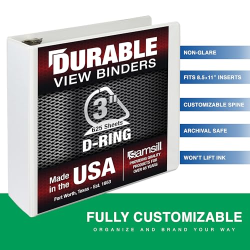 Image of Samsill Durable 3 Inch Binder, D Ring Binder, Customizable Clear View Cover, Pearl White, Holds 625 Pages