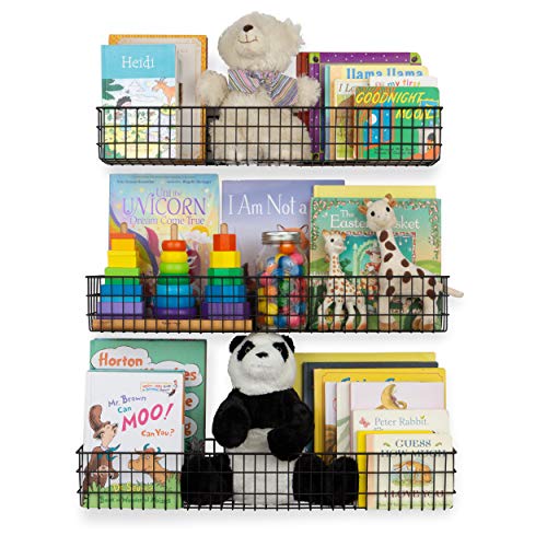 Wall35 Kansas Wall Mounted Black Bookshelf For Kids' Room Decor, Metal Wire Storage Basket Set Of 3 (Varying Sizes) #TOP7
