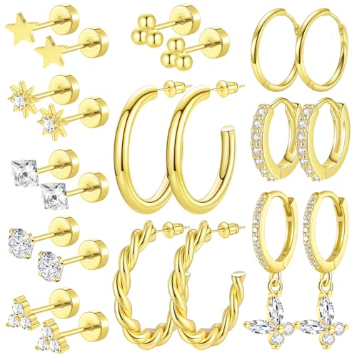 11/12/13 Pairs & 19 Pcs 14K Gold Plated Earrings Set Multiple Styles CZ Diamond Star Triangle Sun Ball Studs Butterfly Dangle Huggie Rope Twisted Hoops Lightweight Dainty Trendy Jewelry