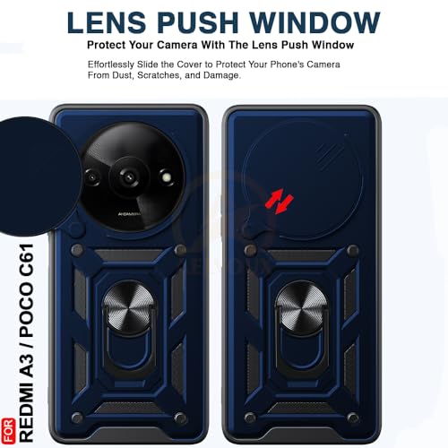 Image of Armor Bumper Back Cover Case for Redmi A3 / Poco C61 Rotating Camera Cover, Ring Holder & Kickstand | Heavy Duty & 360 Degree Protection Redmi A3 / Poco C61 Back Cover (Blue)