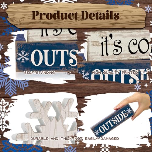 Image of Moucuny 4 Pcs Christmas Table Decoration Winter Wooden Stacked Block, Baby It's Cold Outside Signs with Snowflake Topper, Rustic Christmas Tiered Tray Decor Snowflake Decor for Home Office Shelf
