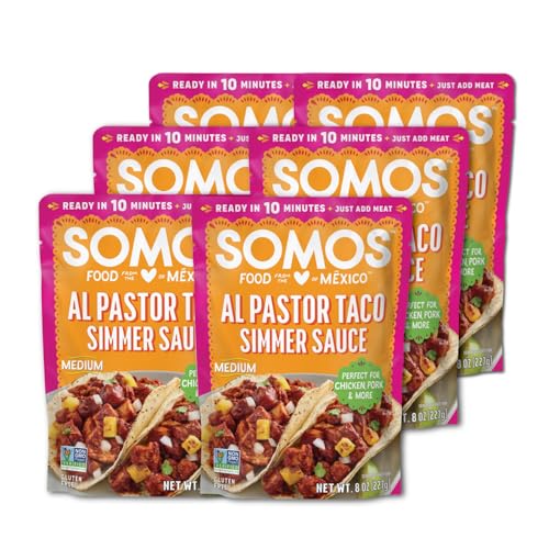 Image of SOMOS Al Pastor Taco Simmer Sauce - Taco Sauce with Guajillo Peppers, Tomatoes, & Pineapple - Gluten Free - Plant Based - Non-GMO - All Natural - Perfect for Chicken, Pork & More - 8oz (6 Pack)