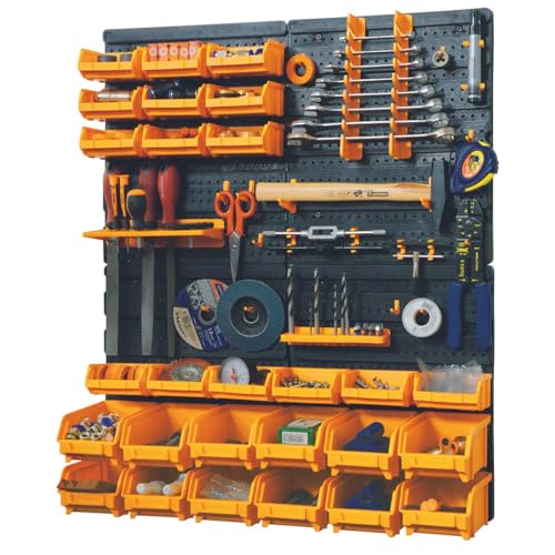 INTEC - Pannello a parete porta attrezzi completo (66 x 78 cm): 4 pannelli perforati, 27 contenitori (piccoli/grandi) e 38 ganci per un laboratorio organizzato