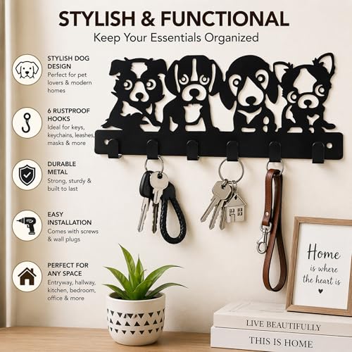 Image of Metal Key Holder for Home Decor, Dog Design Key Holder Wall Mount with 6 Hooks, Matte Black Keychain Holder for Wall, Home Key Holder for Wall & Car Keys, Entrance Decor | Cat Design, Includes Mounting Screws, For Home Use, 6 Hook Hanger, Metal Construction