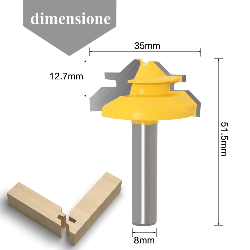 Mesee 8mm Gambo Fresa per Scanalatura Legno, Fresa per Tagli Legno a 45° Lock Mitre Router Bits Router Bit Punte di Falegnameria Strumento per Lavorazione del per Macchina per Incisione