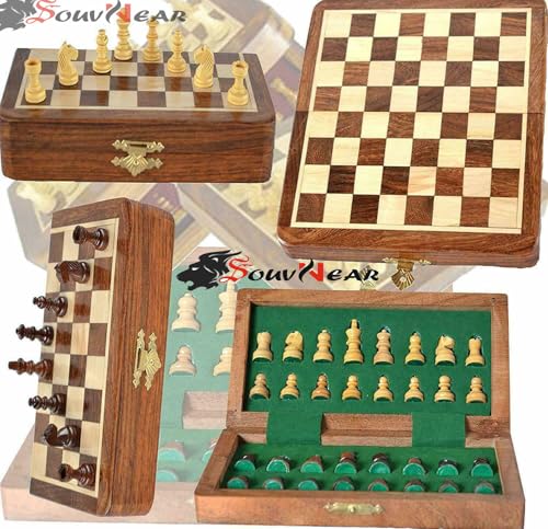 Image of SOUVNEAR Wooden Handcrafted Foldable Magnetic Chess Board Set with 34 Magnetic Pieces 2 Queens Extra for 2 Players Kids and Adults (12x12 Inches, Brown Yellow)