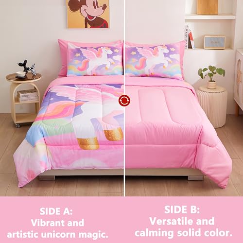 Image of Pink Unicorn Bedding Full Size for Girls 7 Piece,3D Colorful Rainbow Unicorn Comforter Set for Girls, Ultra Soft and Fluffy, Horse Bed Set with Comforter Sheets Pillowcase & Sham