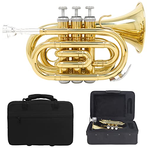 Eb Pocket Trumpet Pocket Cornet With Light Rectangular Case, Professional Mini Trumpet Instrument Full Kit, Finish Lacquer Musical Instrument E Flat Pocket For Beginner/Students/Performance #TOP23