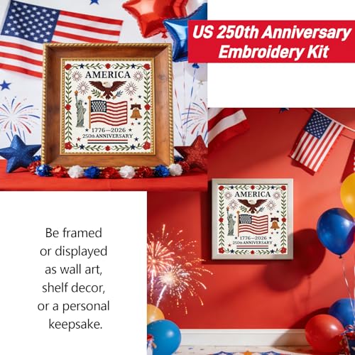 Image of US 250th Anniversary Embroidery Kit, Patriotic Cross Stitch Kits, DIY Embroidery Kits for Adults with 1776-2026 Flag Pattern, 20cm Hoop, Threads, Needles & Instructions for Veterans Military Fans