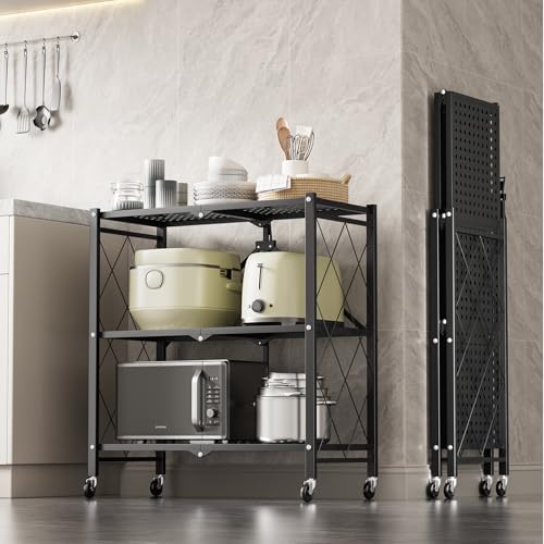 Image of Simple Deluxe 3-Tier Folding Storage Shelves, 27.95 inch W x 14.96 inch D x 34.25 inch H Foldable Shelving Unit, 750 Lbs Loading Capacity, Black