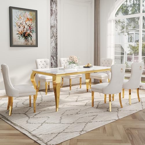 7-Piece Dining Table Set for 6, Faux Marble Dining Table Set with...