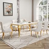 Modehodei 7-Piece Dining Table Set for 6, Faux Marble Dining Table Set with 70'' Marble Dinner Table and 6 Velvet Wing Back Chairs for Kitchen, Dining Room, White & Gold