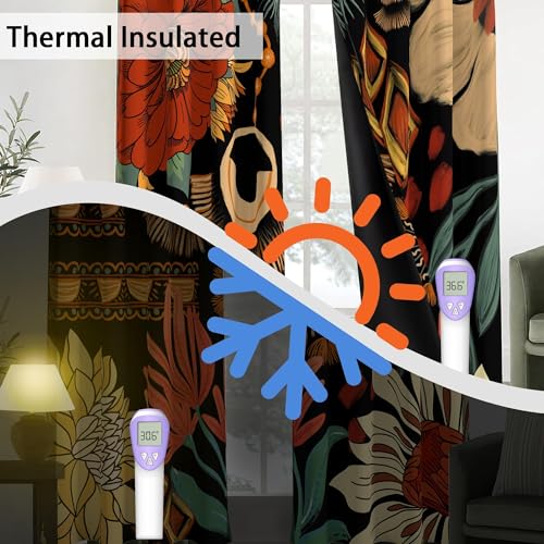 Image of Tyrot Black Floral 100% Blackout Curtains for Bedroom, 52W x 96L,2 Panels | Colorful Botanical, Energy-Saving Thermal Insulation, Light Blocking, Room-Darkening Privacy, Easy Grommet Drapes
