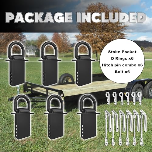 VONLX Stake Pocket D Rings 6pcs 18000lbs Heavy Duty D-Ring Tie Downs for Utility Trailers and Flatbed Trucks w/Hitch Pin w/Steel Cables, Removable Tie Downs for Flatbed Cargo Trucks, Black Upgrade