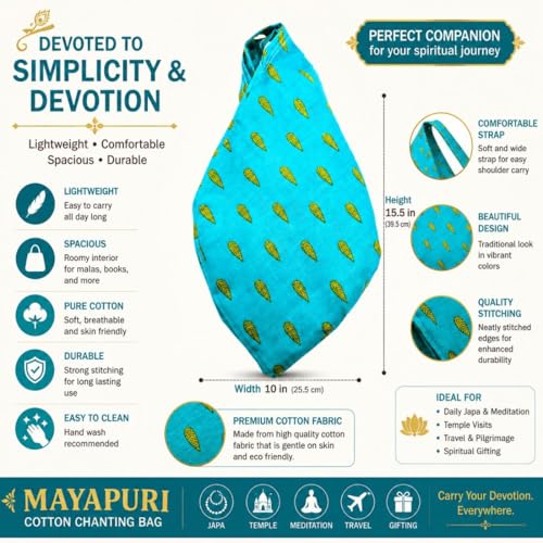 Image of Original Pure Cotton Gomukhi Japa Mala Bag /Chanting Bag or Beads Bag /Jholi /Thole with Zip Pocket and Sakshi Mala Counter (Turquoise Blue)