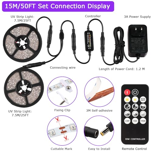 Image of 50 Foot Black Light Strips & Remote, Dimmable Flexible Blackights Strip Lights for Glow Party Body Paint Birthday Bedroom Room Fluorescent Tapestry Poster, Non-Waterproof 900 LEDs 50ft /15M
