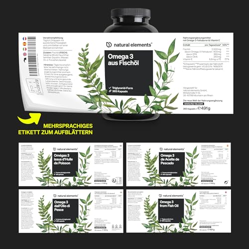natural elements Omega 3 – 365 Kapseln – 2000mg Fischöl pro Tagesdosis – mit EPA und DHA in Triglycerid-Form – Laborgeprüft, aufwendig aufgereinigt und aus nachhaltigem Fischfang