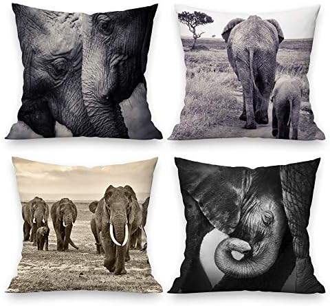 Arwomlo African Animal Elephants Decorative Pillow Covers 18x18 Set of 4, Grey White Retro Zippered Pillow Cases Farmhouse Outdoor Decor Pillowcases Cushion Covers for Living Room Home Sofa Couch