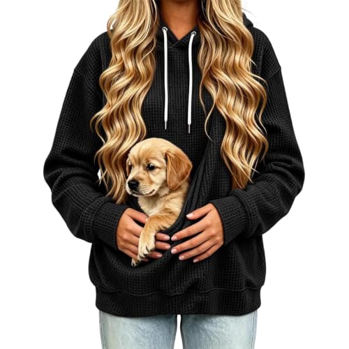 Dog Pouch Sweatshirt Pet Pouch Hoodie Women Kangaroo Pocket Dog Cat Carrier Soft Waffle Pullover Sudaderas para Mujer En Oferta Wardrobe Capsule Women Over 40 Black S - image 5