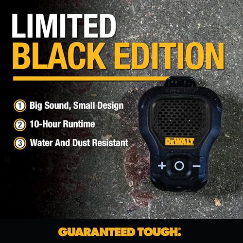 Image of DEWALT Wearable Bluetooth Speaker [Onyx Edition - Black] Clip-On Wireless Jobsite Pro Water-Resistant Portable Speaker (Non- Magnetic), Mic for Hands-Free Music /Calls, Mini Speakers Bluetooth Wireless