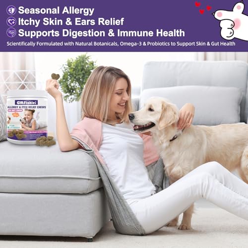 GMStahlei Hunde Allergie Kautabletten - Omega-3 Fischöl, Probiotika & pflanzliche Zutaten - Linderung bei saisonalen Allergien, juckender Haut & Ohren - Unterstützt Verdauung & Immunsystem - 300g