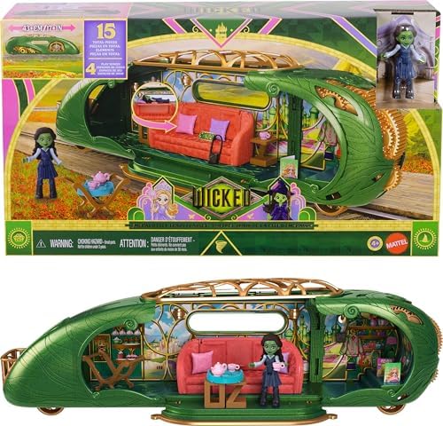Mattel Universal Pictures’ Wicked Emerald City Train Playset with Elphaba Small Doll, 3 Play Spaces & 14 Accessories, Inspired by The Movie