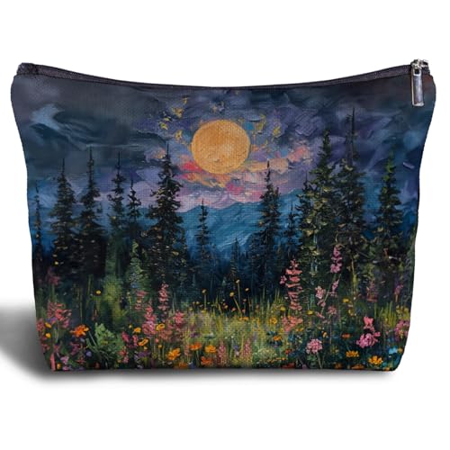 Watercolor Full Moon Above the Wildflowers Makeup bag, Cottagecore Accessories Cosmetic Bag, Cottagecore Gifts, Mystical Under Cold Moons Scenic Cosmetic Bag Toiletry Bag