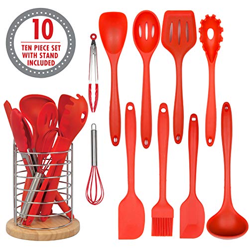 Silicone Kitchen Cooking Utensils W Bamboo Holder 10 Pc Gourmet Non Stick Heat Resistant Kitchen Tools Set Spatula Spoon Slotted Spoon Tongs Basting Brush Ladle And More Buy Online In Bahamas At Bahamas Desertcart Com