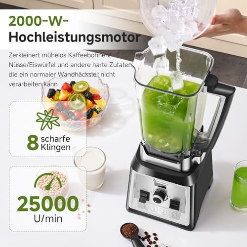 AMZCHEF Standmixer 2000 Watt | 2L Mixer Hochleistungsmixer | Blender mit 8 Einstellbaren Geschwindigkeiten und 4 Vorprogramme für Crushed Ice, Smoothie Maker, Fleisch Mixer | BPA-Freiem