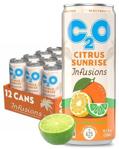 C2O - Coconut Water Infusions - Citrus Sunrise (12 Pack) - 700mg of Electrolytes - Made with Fresh Coconut Water + Real Fruit Juice - Plant Based Natural Hydration, Non GMO - 12 Slim Cans, 10.5 fl oz