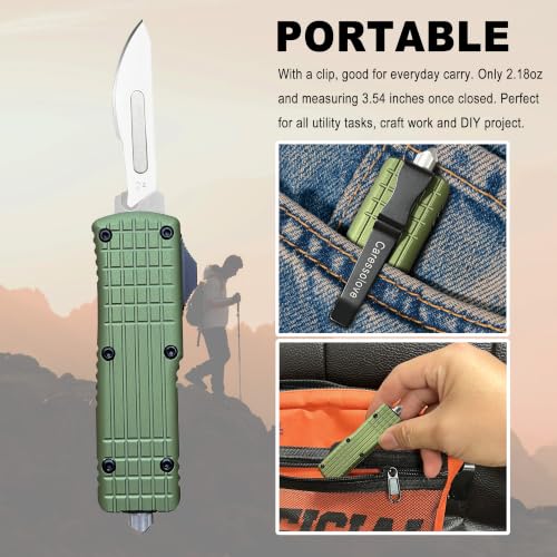 Image of Green Retractable Scalpel Pocket Knife with Clip | EDC Cutting Tool, Retracting Scalpel Knife, Replaceable Blade Utility Knife, for Camping Hiking, with 10pcs Extra blade