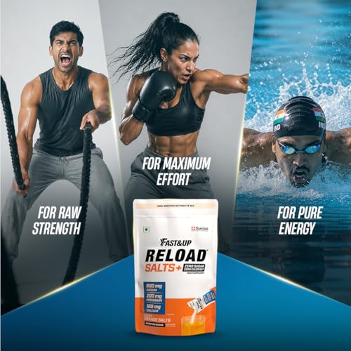 Image of Fast&Up Reload Salts | High Sodium Electrolyte Drink Mix | 900mg Sodium | Zero Sugar, Zero Calories| 5 Electrolytes - Potassium, Magnesium, Calcium & Chloride | Instant Hydration | Vegan, No Preservatives | (5 Sachets, Orange)
