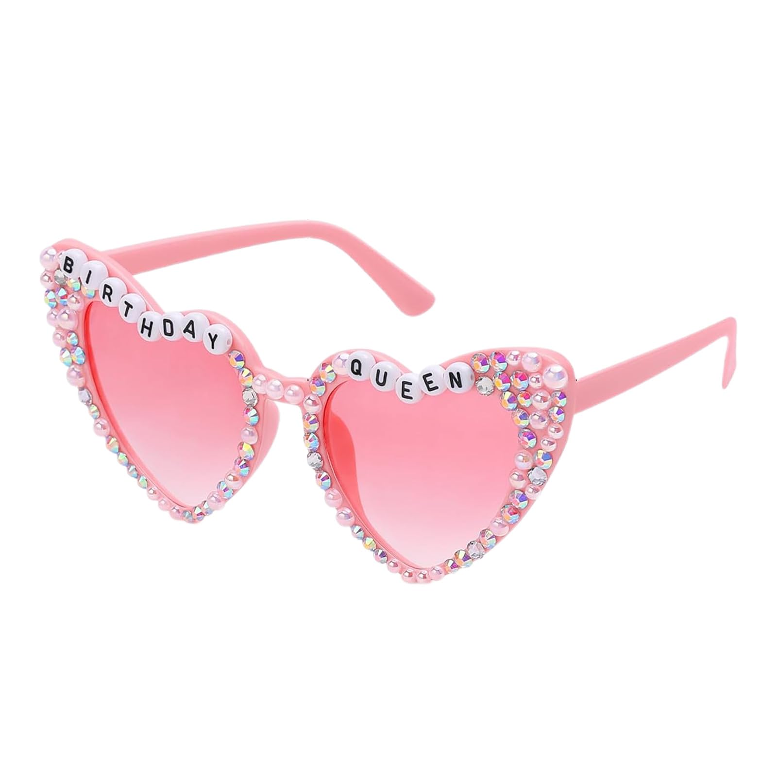 QIYUDA Birthday Glasses for Women Girls, Pink Heart Shaped Shiny Bling Diamond Pearl Happy Birthday Sunglasses