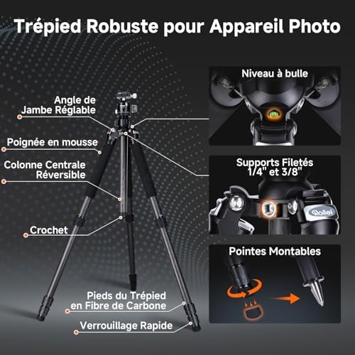 Trépied carbone Rollei Rock Solid Beta Mark III pour reflex et charge lourde - 4