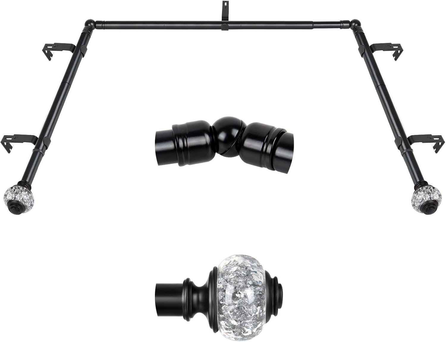 Bay Window Curtain Rods, Black Curtain Rods for Bay windows 32-86 Inch(Center Rod), 32-58 Inch Side Rods for windows, Decorative Drapery Rods with Bling Finials 32-86" Black