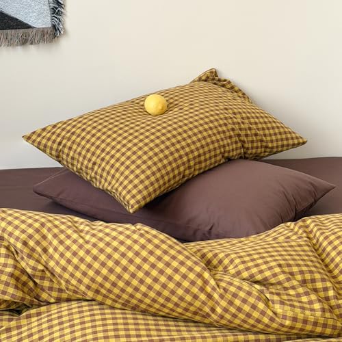 Image of Plaid Duvet Cover Twin Size Yellow Brown Gingham Bedding Set Farmhouse Buffalo Grid Checkered Duvet Cover Set Soft Lightweight Microfiber Quilt Cover with Zipper Closure and 1 Pillowcase